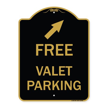 Signmission Free Valet Parking W/ Upper Right Arrow, Black & Gold Aluminum Sign, 18" x 24", BG-1824-23940 A-DES-BG-1824-23940